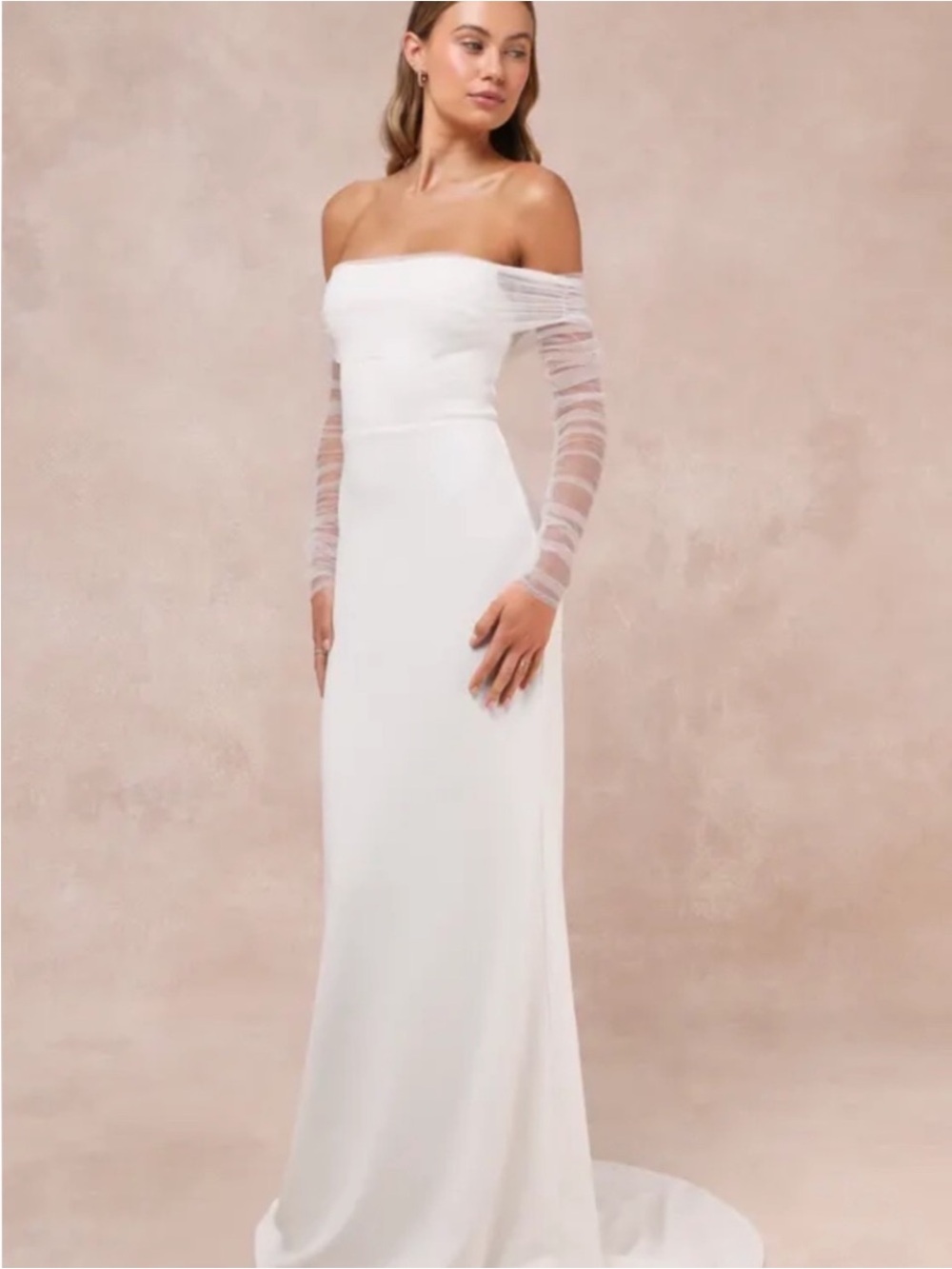New Lulus Beautifully Beloved Elegant Off-Shoulder Gown Long Sleeves Sz Medium - Picture 3 of 9